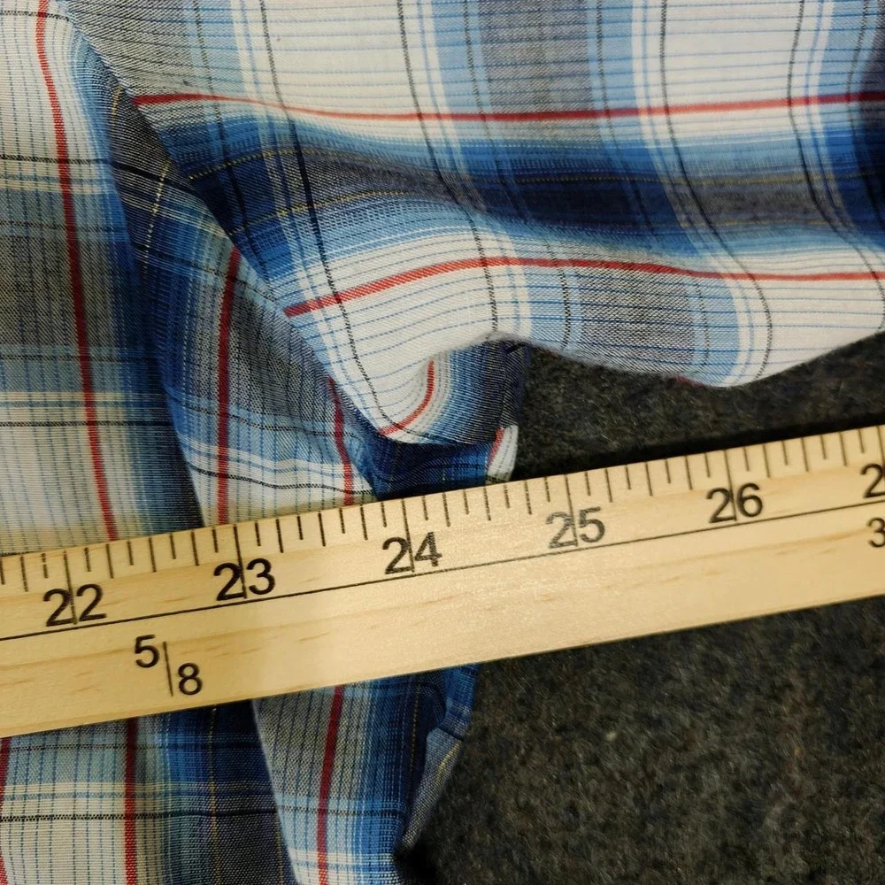 Ely Cattleman Mens XLT Plaid Pearl Snap Western Shirt Blue Short Sleeve Tall